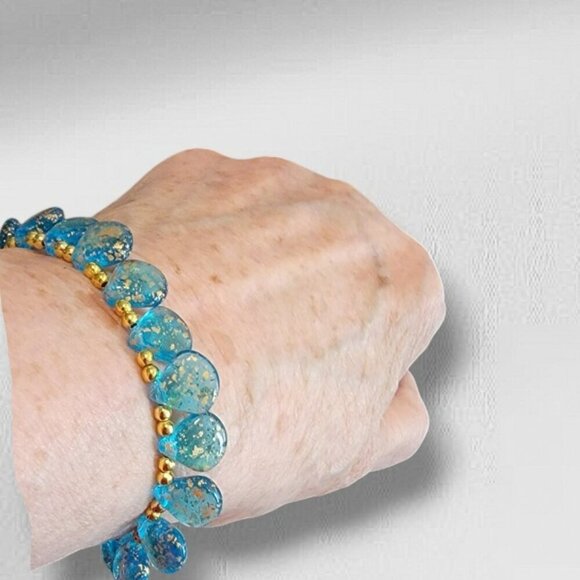 Turquoise Blue with Gold Speckles and Gold Spacers on Stretch Bracelet - NWOT - Picture 3 of 3